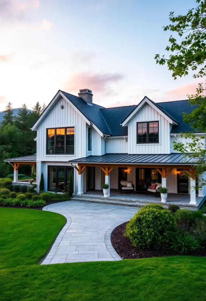 White farmhouse with dark roof, wood accents, wraparound porch, and curved stone pathway surrounded by lush greenery.