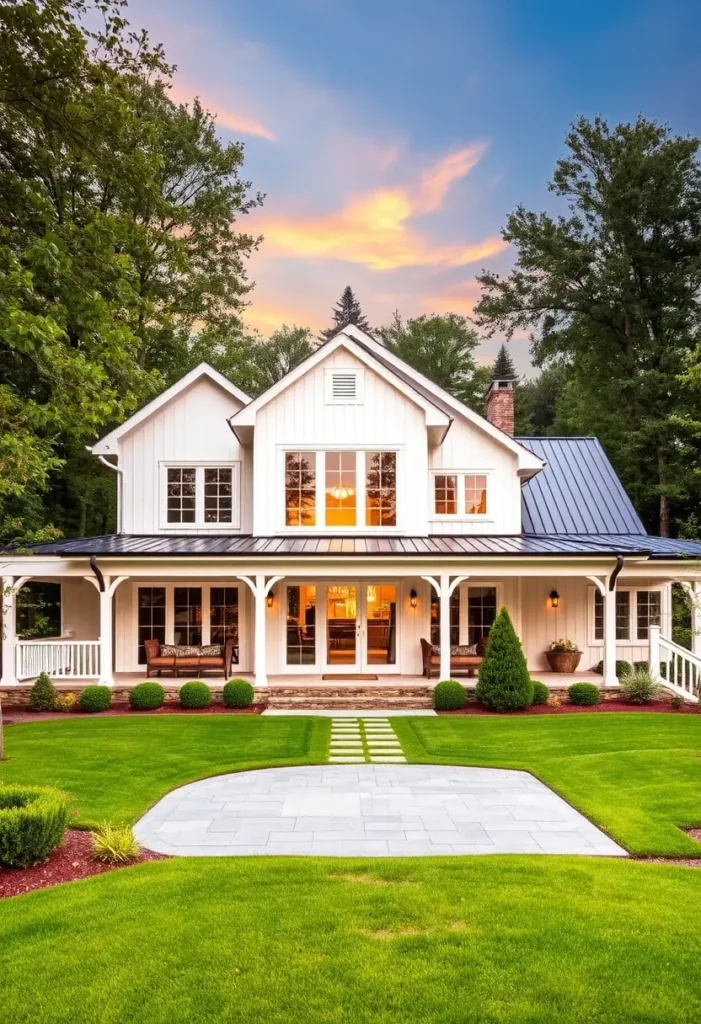 White farmhouse with wraparound porch, black roof, and a lush green lawn at sunset.