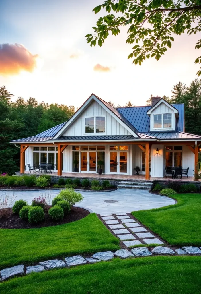 White farmhouse with metal roof, wood accents, wraparound porch, and stone pathway surrounded by lush greenery.