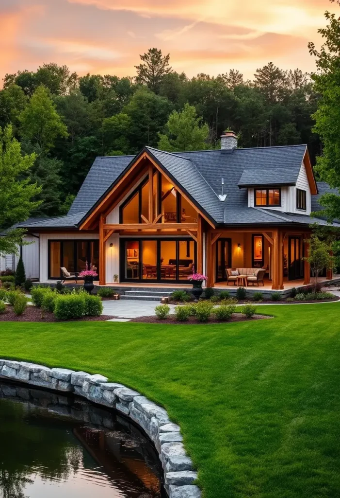 Modern farmhouse with glass panels, timber framing, slate roof, and a landscaped yard with a pond.