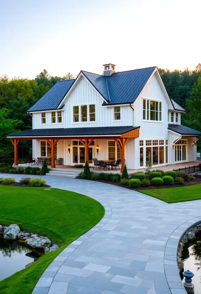 White farmhouse with metal roof, wraparound porch, stone pathway, and lush landscaped yard.