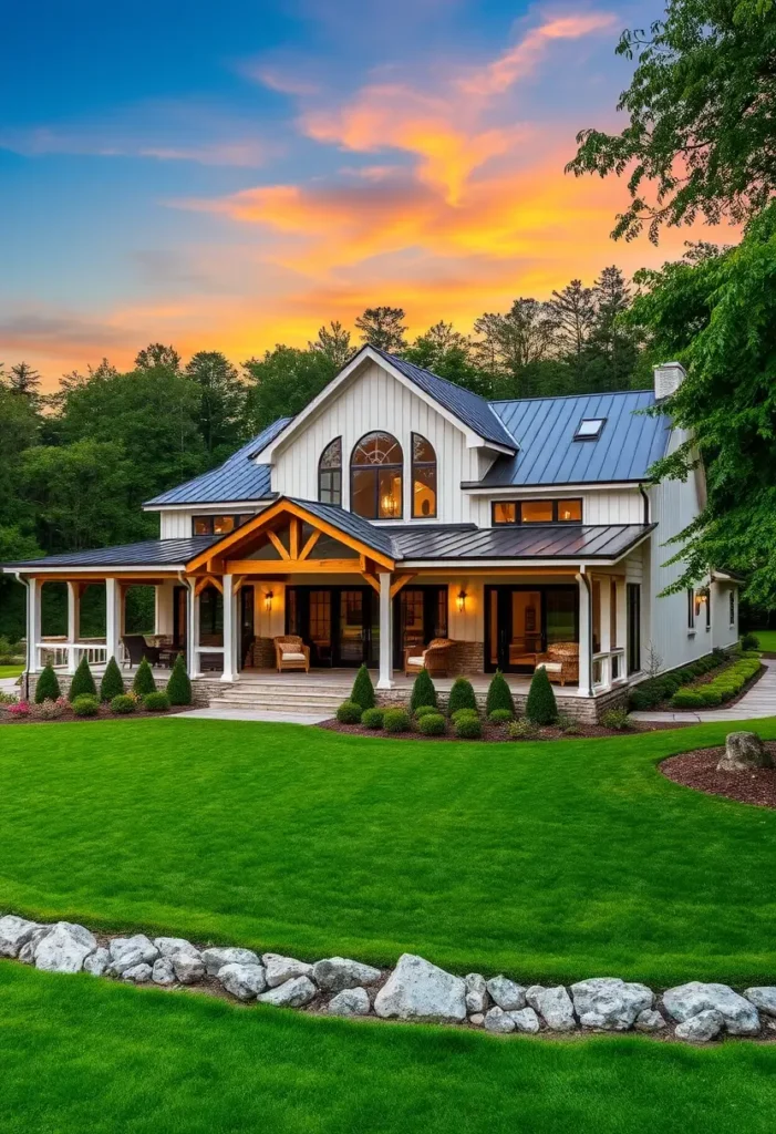 Farmhouse with arched windows, wraparound porch, metal roof, and stone landscaping border.