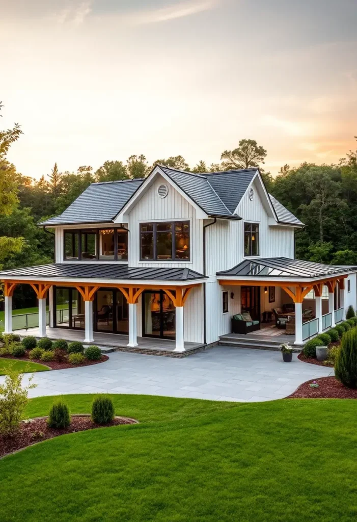 Farmhouse with wraparound porch, wooden beams, white columns, black-framed windows, and a manicured lawn.