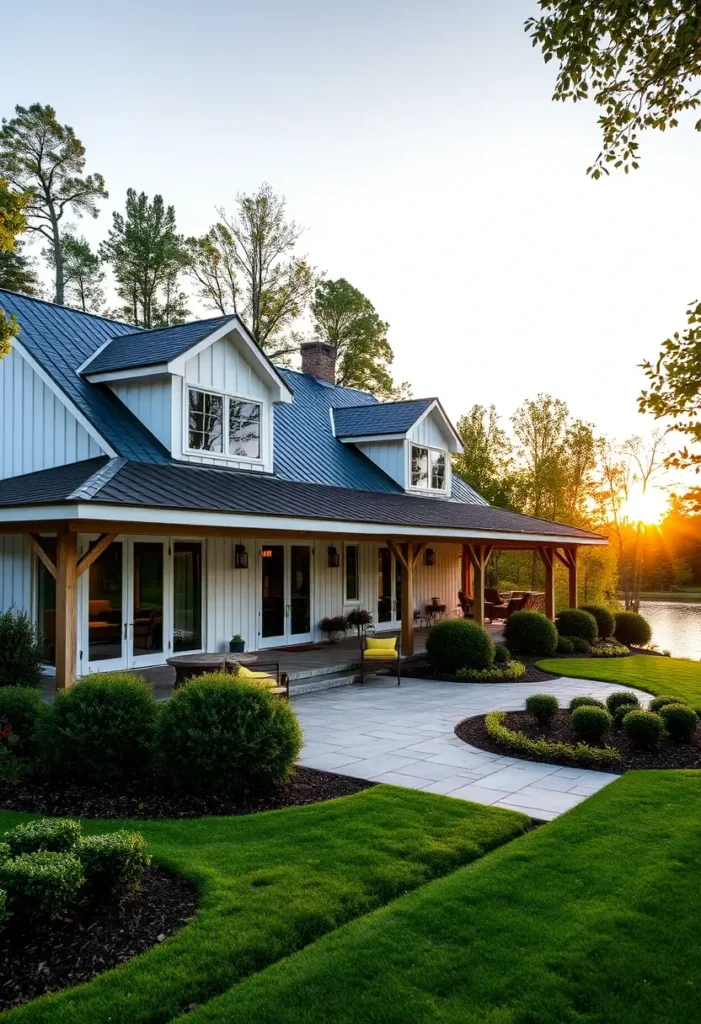 Modern farmhouse exterior with a lakeside view, wraparound porch, white siding, wooden beams, and manicured landscaping.