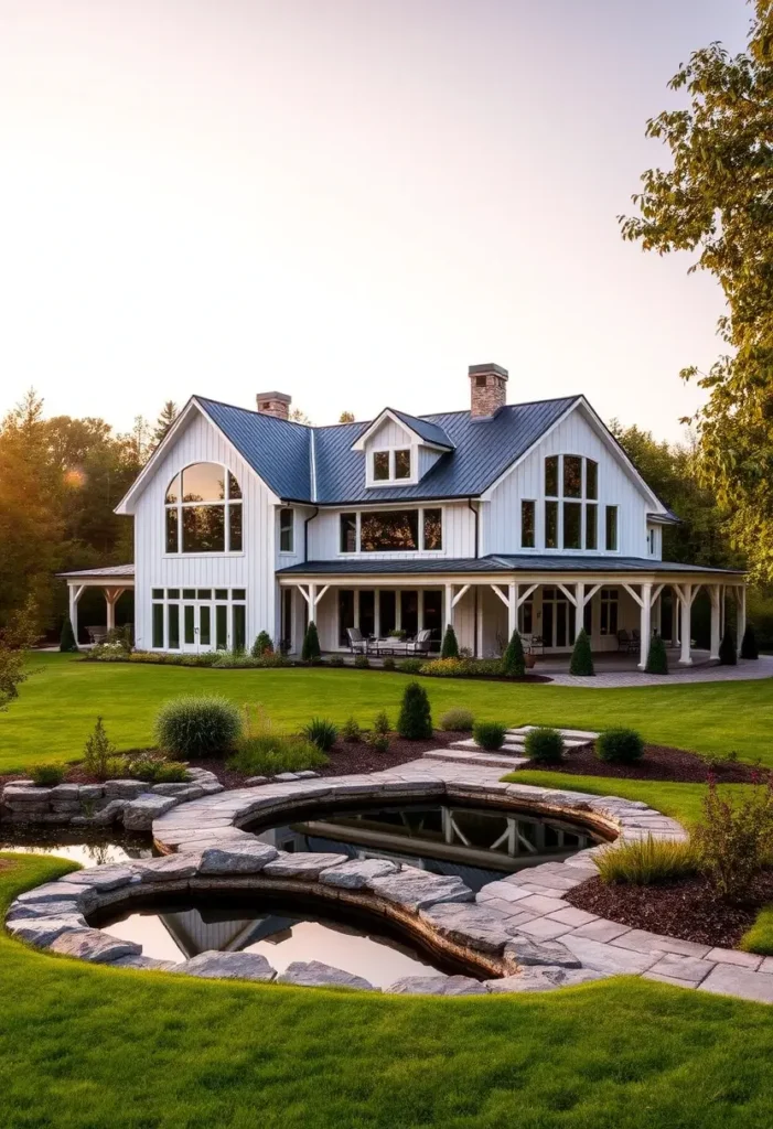 Modern farmhouse exterior with wraparound porch, arched windows, and a serene water feature surrounded by natural stone.