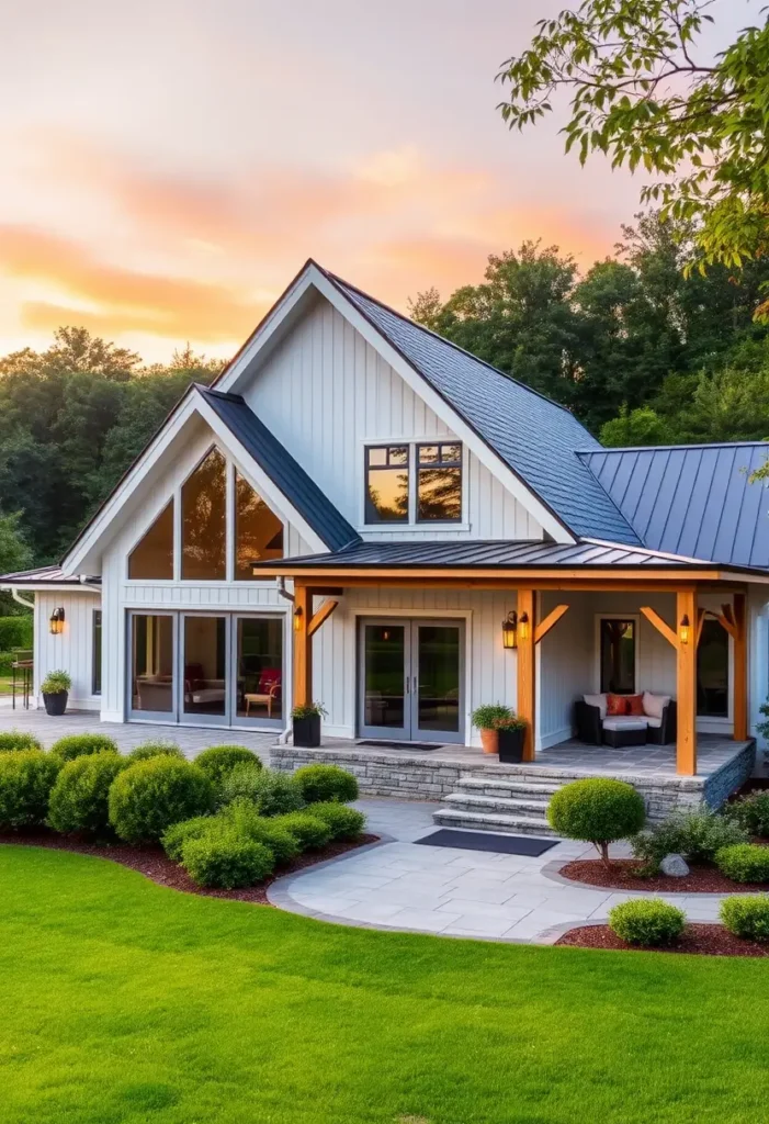 Modern farmhouse with large windows, white facade, wooden beams, and lush landscaping in the sunset.