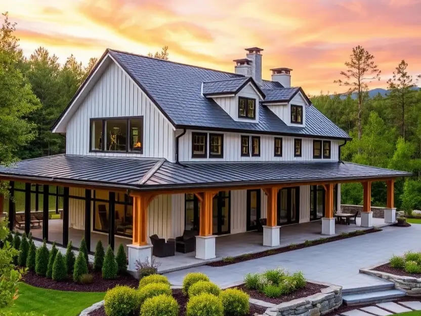 White farmhouse with dark roof, wood columns, wraparound porch, and landscaped yard at sunset. II