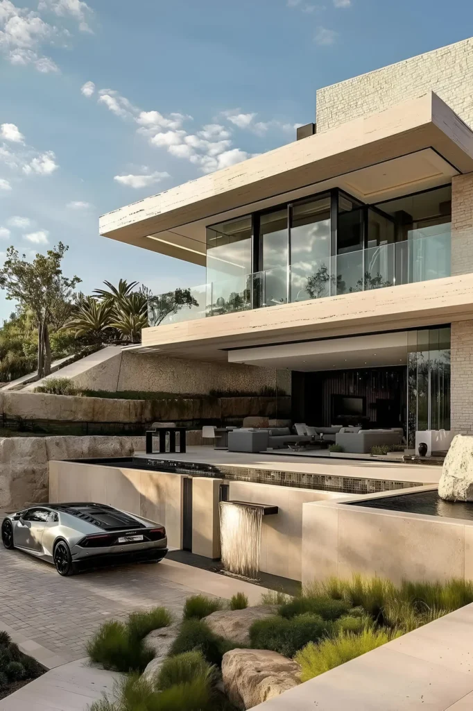 A contemporary luxury home with floor-to-ceiling glass walls, a cascading water feature, lush landscaping, and a sleek car on a stone driveway, showcasing a harmonious blend of nature and architecture.