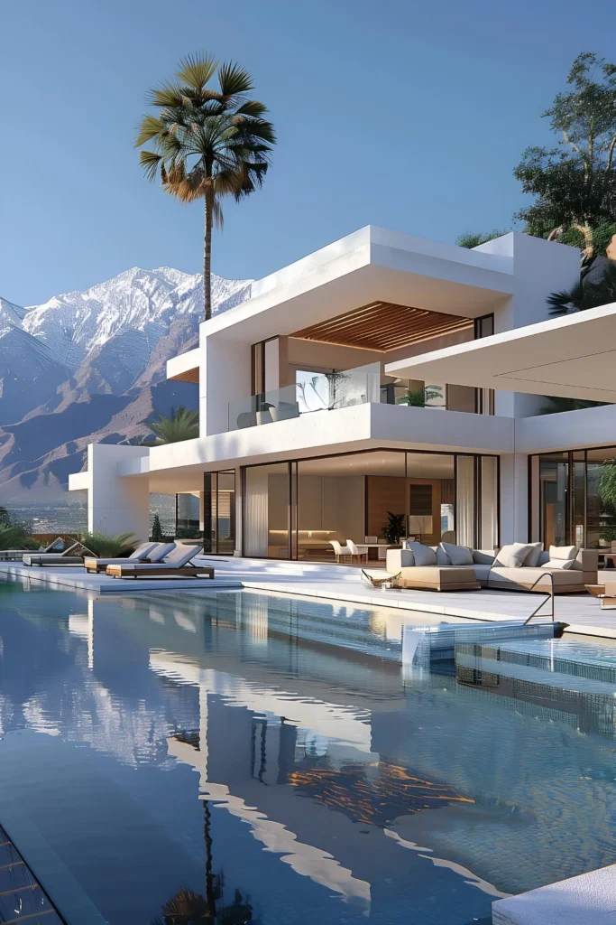 A luxurious modern home with a white facade, expansive glass walls, a pool deck with loungers, and mountain views in the background, blending contemporary design with serene natural surroundings.