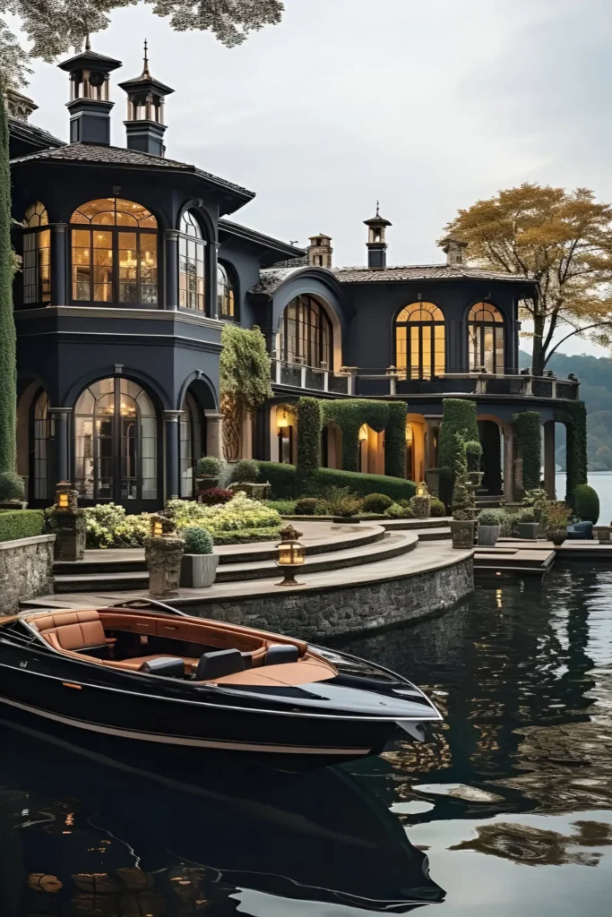 A luxurious lakeside home with a dark facade, arched windows, lush greenery, and a private dock featuring a sleek black luxury boat, combining elegance with timeless waterfront charm.