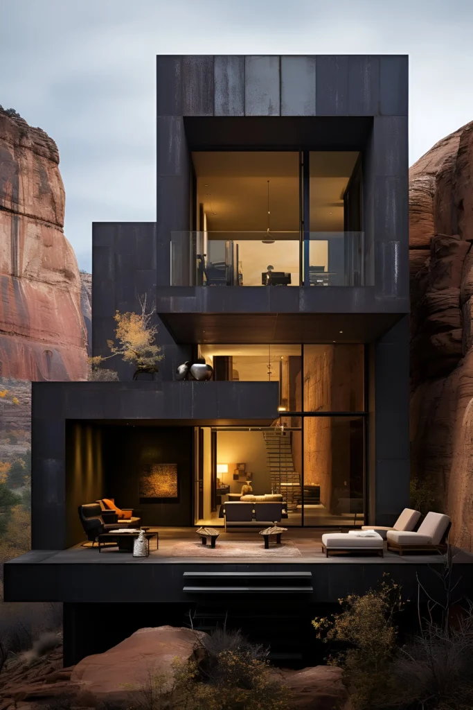 A modern minimalist home set within canyon walls, featuring a dark facade, large glass windows, and warm, inviting interiors with sleek furniture and natural surroundings.