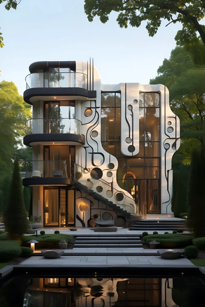 A futuristic modern home with an artistic facade, featuring organic curves, black accents, large glass windows, rounded balconies, and lush greenery, blending innovative architecture with a serene environment.