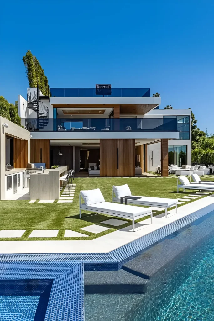 A modern home with an infinity pool, outdoor lounge chairs, an open-air kitchen, glass railings, and a rooftop deck, showcasing contemporary outdoor living with luxurious design elements.