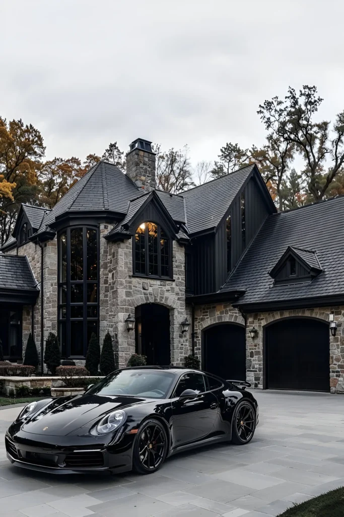 A luxurious stone estate with black accents, tall arched windows, and a sleek black luxury car parked in the driveway, showcasing timeless elegance and modern sophistication.