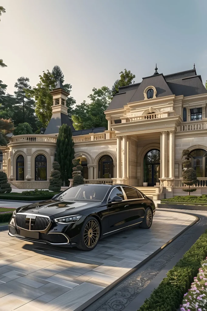 A grand palatial estate with arched windows, intricate architectural details, manicured gardens, and a sleek black luxury car parked in the driveway, epitomizing timeless luxury and sophistication.