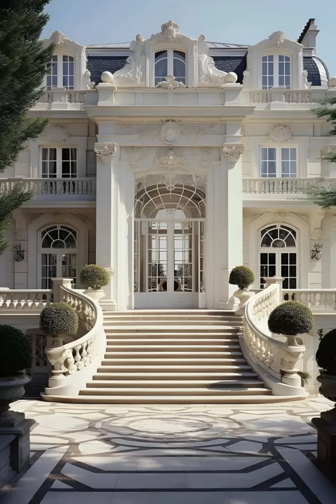 A grand French-inspired estate with a sweeping staircase, ornate facade, arched windows, and manicured topiaries, exuding timeless elegance and sophistication.