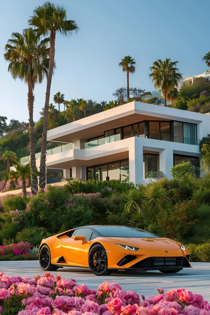 A modern coastal home with clean lines, expansive glass walls, vibrant landscaping, and an orange luxury sports car parked in the driveway, surrounded by palm trees and lush greenery.