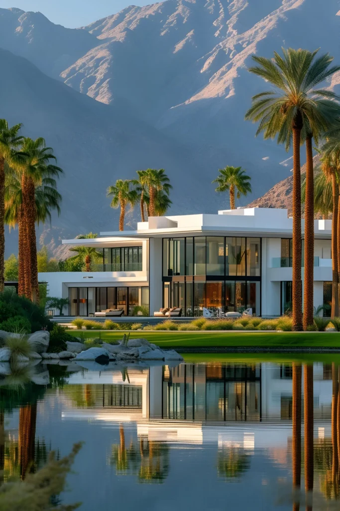 A modern home surrounded by palm trees, reflective water, and lush greenery, set against a mountain backdrop, showcasing clean architecture and serene desert elegance.