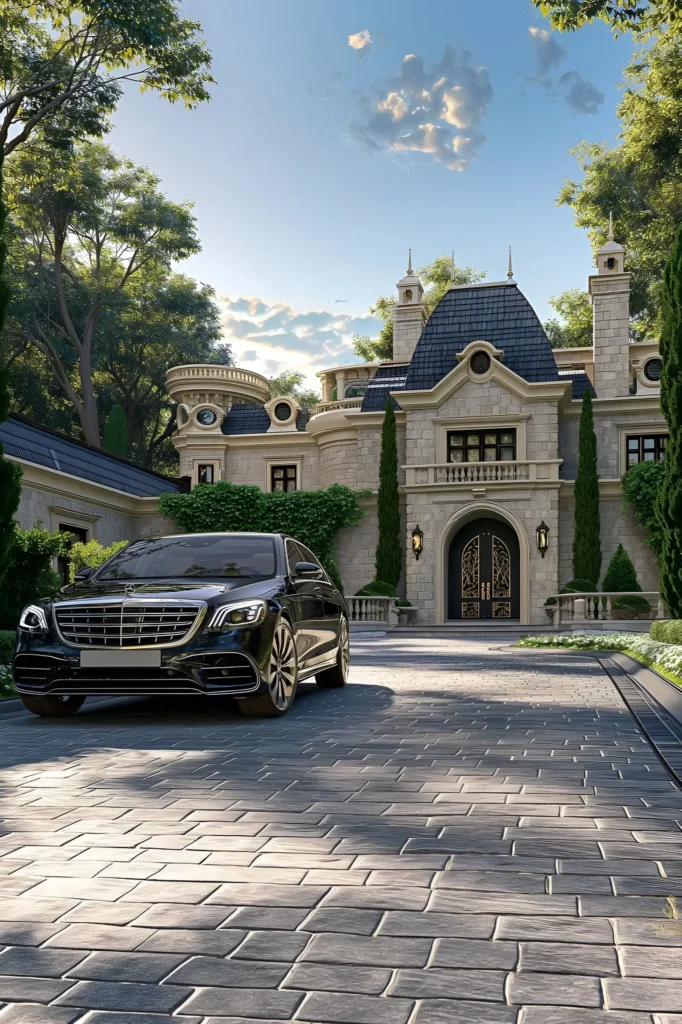 A grand mansion with a stone facade, slate roofing, ornate entryway, manicured greenery, and a sleek black luxury car parked in the driveway, showcasing timeless elegance and modern sophistication.