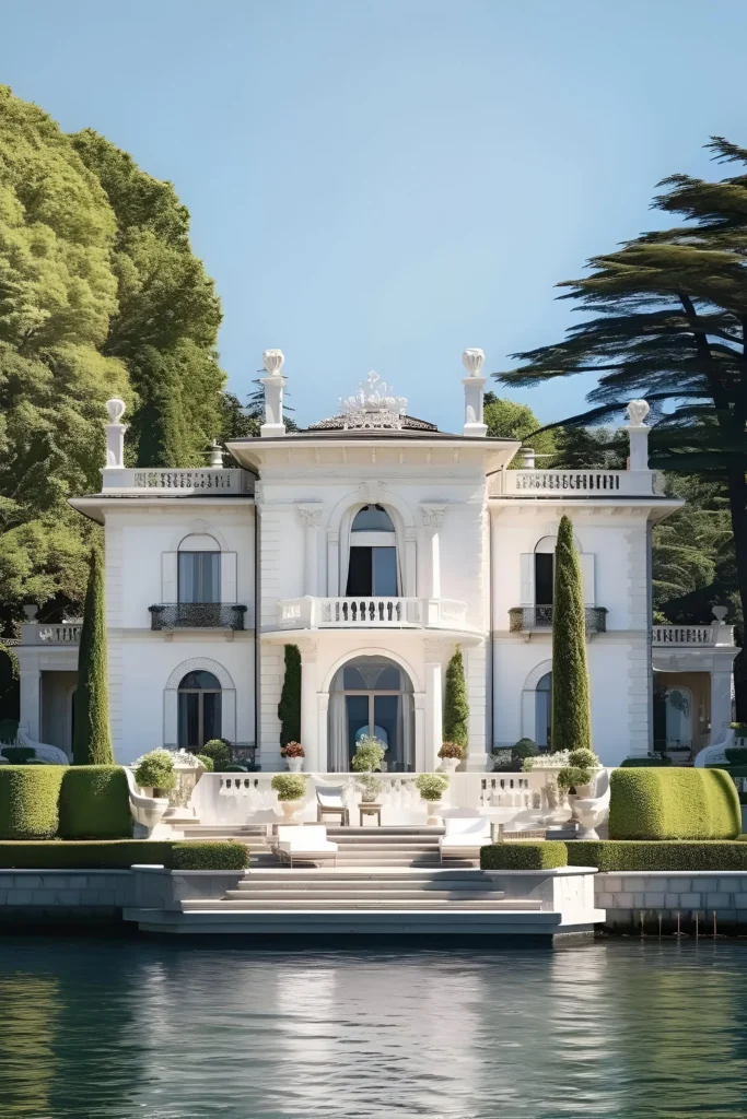 A stunning white lakefront villa with arched windows, a grand staircase leading to the water, manicured hedges, and tall cypress trees, showcasing timeless elegance and serene luxury.