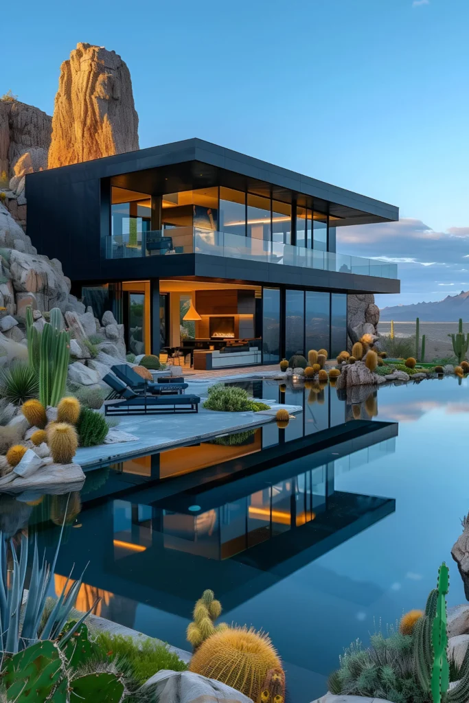 A modern desert home with expansive glass walls, a reflective pool, native cacti landscaping, and minimalist outdoor furnishings, surrounded by dramatic rock formations under a vibrant sky.