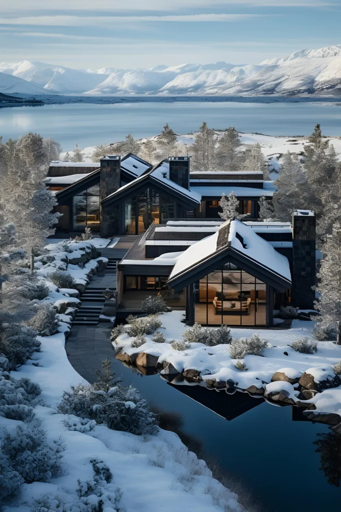 A modern alpine home with a dark facade, glass walls, snowy landscape, serene pond, and panoramic mountain views, embodying luxury and tranquility in a winter setting.