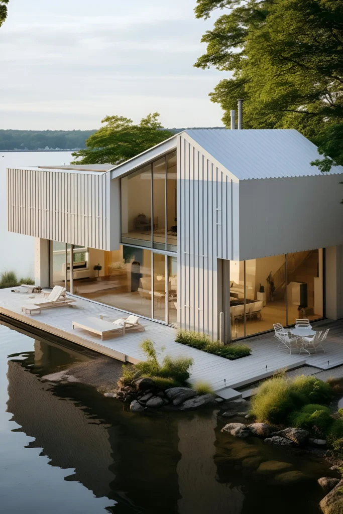 A minimalist modern lakefront home with large glass walls, a white panel exterior, and a spacious deck overlooking the water, blending contemporary design with natural surroundings.