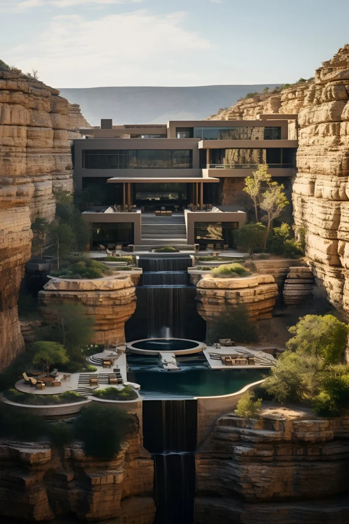 A modern luxury home built into a canyon, featuring cascading waterfalls, tiered pools, and sleek architectural design, surrounded by rugged natural cliffs and desert scenery.