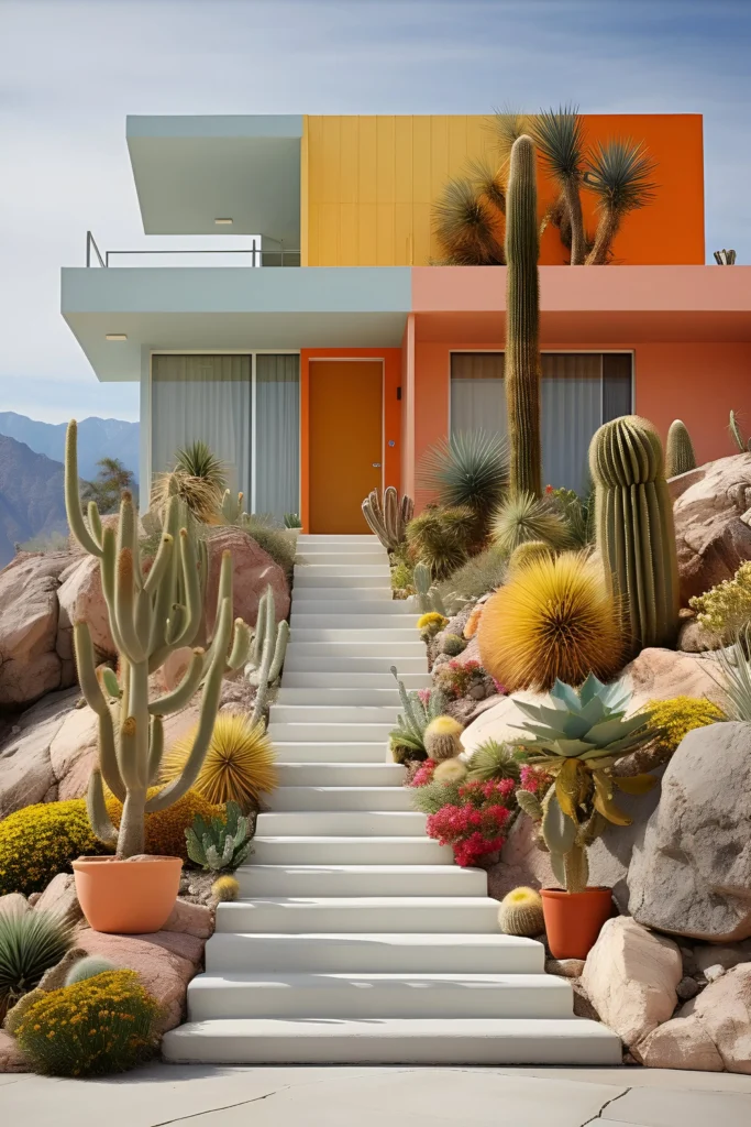 A vibrant desert home with orange and pastel hues, surrounded by diverse cacti and desert plants, featuring a modern design and a staircase leading to the entrance.