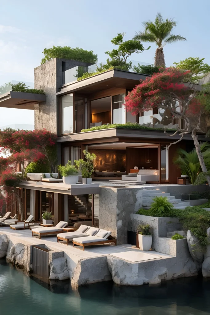 A luxurious coastal retreat with multi-level terraces, lush greenery, vibrant bougainvillea, and ocean views, blending modern architecture with natural elegance.