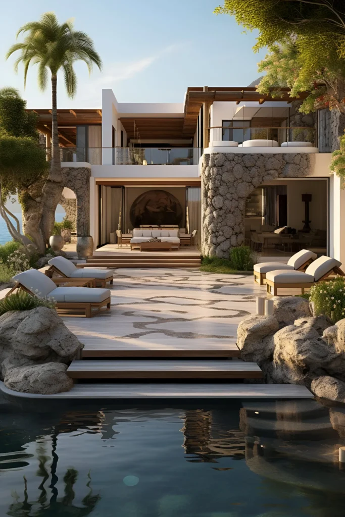 A Mediterranean-inspired villa with stone arches, wooden accents, a serene patio, private pool, and lush greenery, offering stunning ocean views and rustic charm.