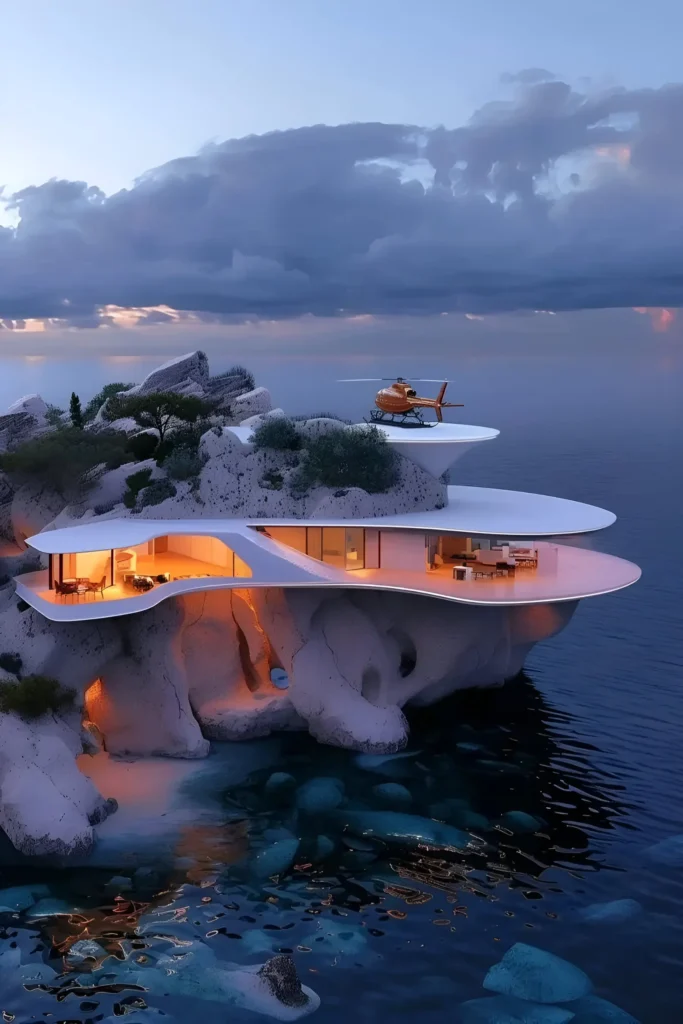 A futuristic cliffside home with sleek multi-level terraces, illuminated interiors, and a private helipad, perched above crystal-clear ocean waters for a breathtaking, modern retreat.

Modern Home Designs