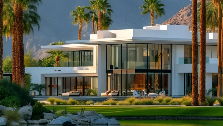 A modern desert home with expansive glass walls, surrounded by palm trees, mountains, a reflecting pond, and lush greenery, offering a serene and luxurious living experience.