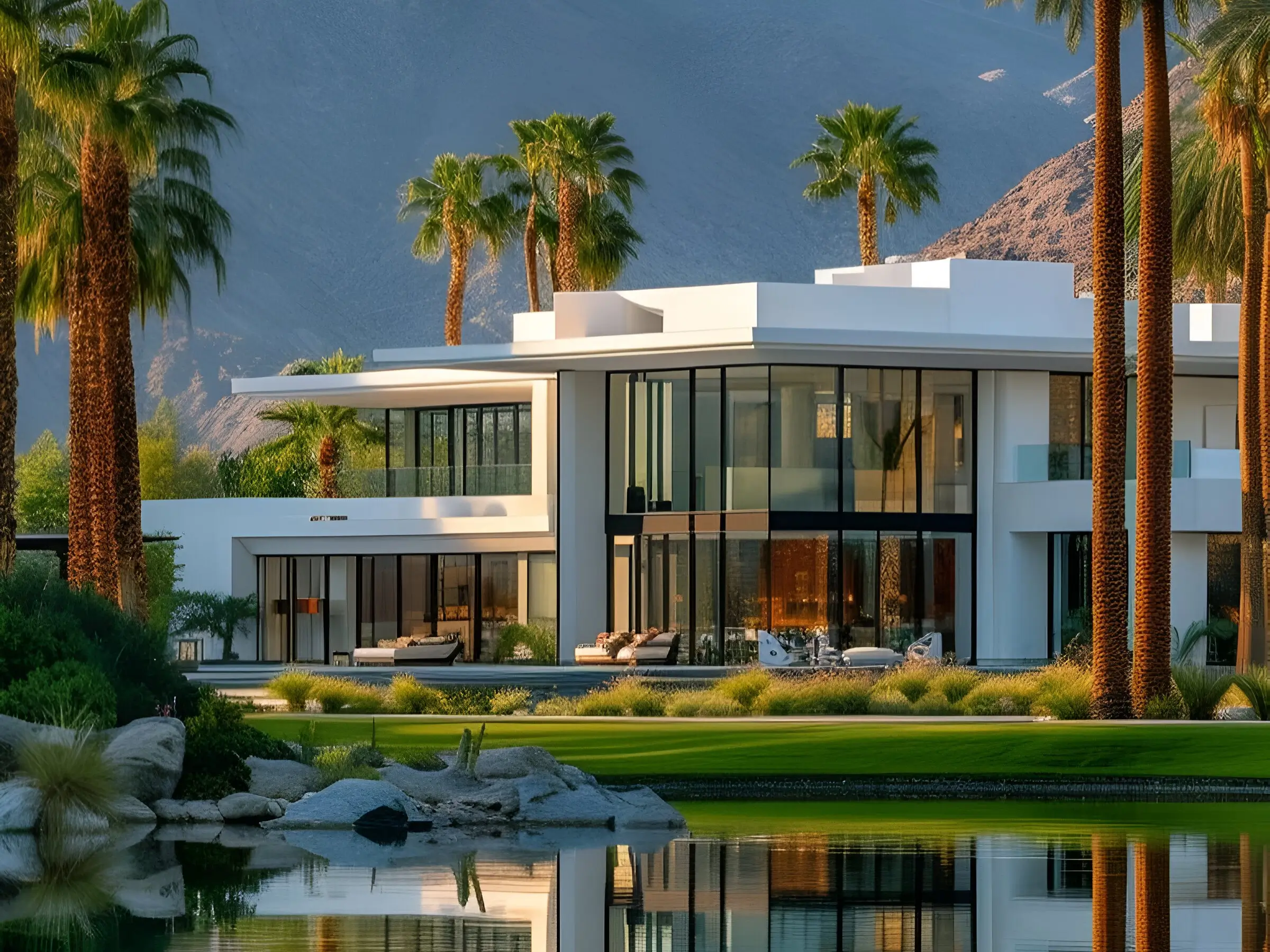 A modern desert home with expansive glass walls, surrounded by palm trees, mountains, a reflecting pond, and lush greenery, offering a serene and luxurious living experience.