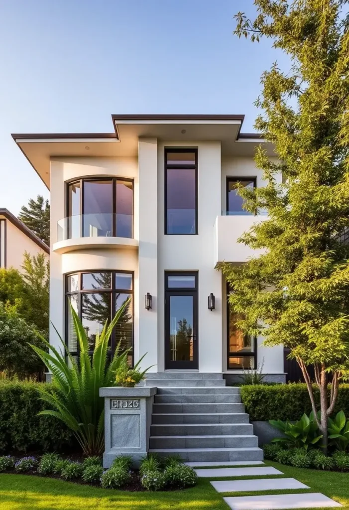 Modern house exterior with large windows, curved balcony, and well-maintained greenery.