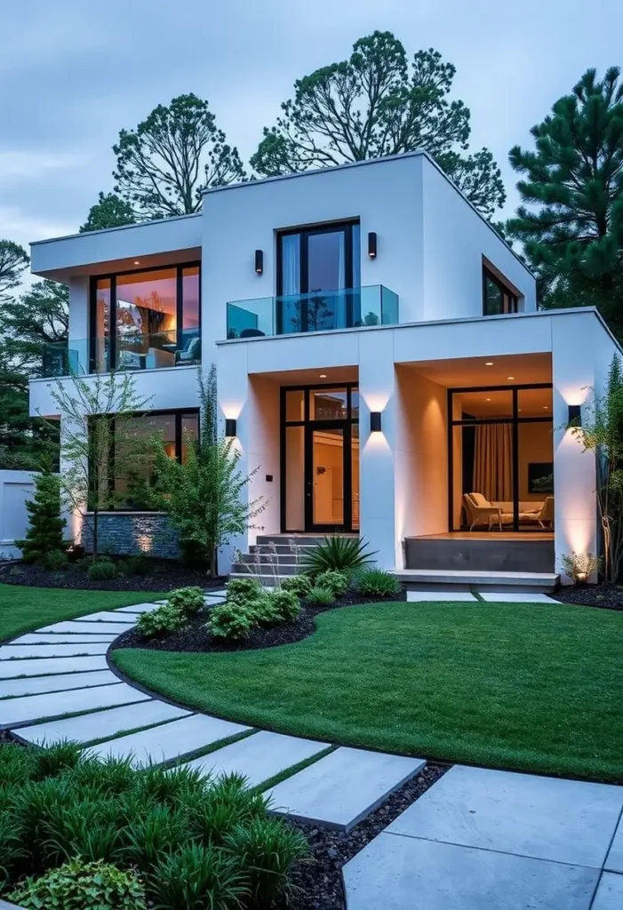 Contemporary house exterior with glass balconies, pathway, and soft exterior lighting.