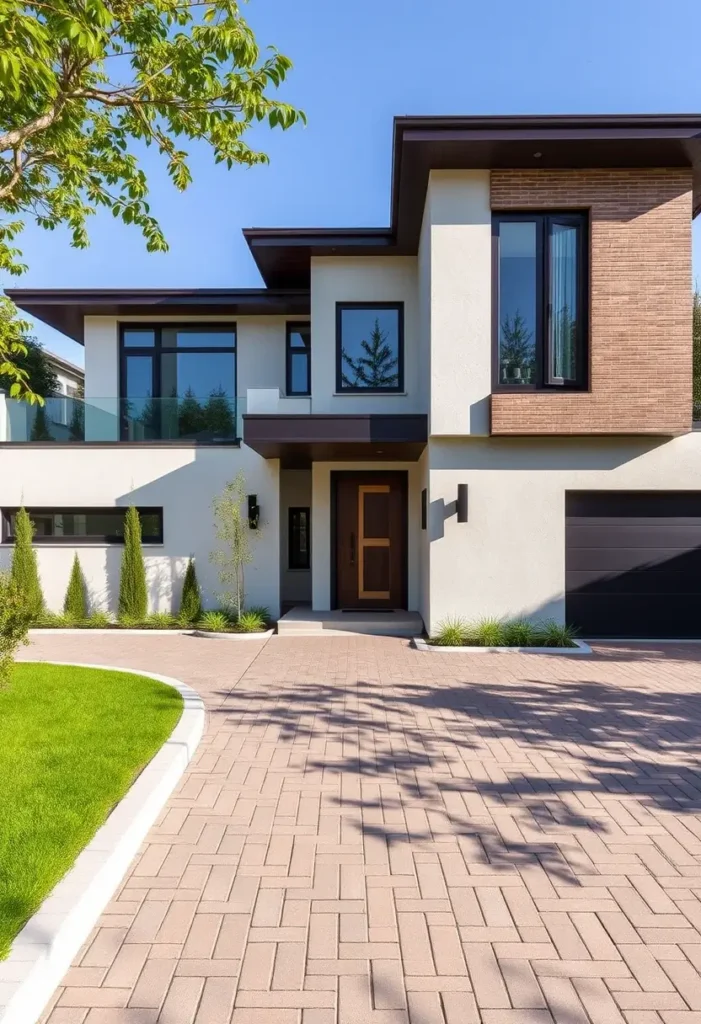 Modern house exterior featuring brick, stucco, black-framed windows, and a wooden door with a clean driveway and landscaping.