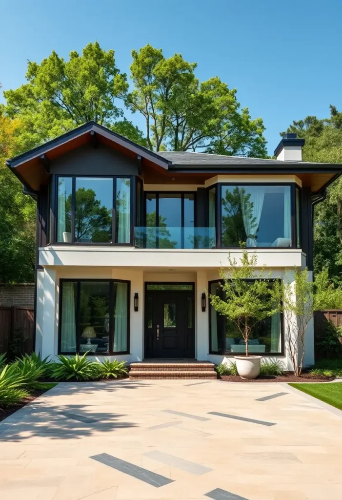 Modern house exterior with large windows, balcony, dark roof, and lush greenery.