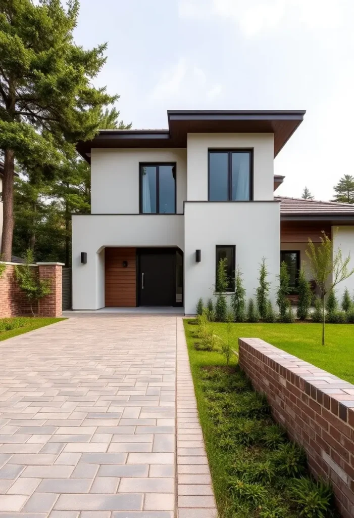 Modern house exterior with white walls, wood accents, black windows, and a paved driveway surrounded by greenery.