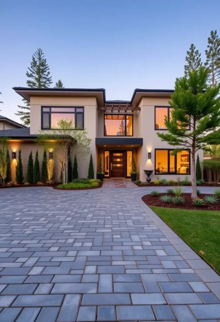 Modern house exterior with beige walls, black-framed windows, warm lighting, and a paved driveway with lush landscaping.