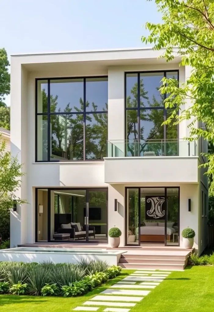 Modern house exterior with floor-to-ceiling windows, glass balcony, and landscaped greenery.