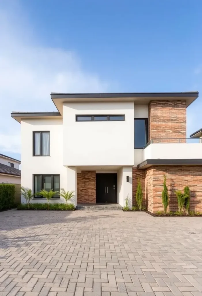 Modern house exterior with white walls, brick accents, large windows, and a paved driveway.