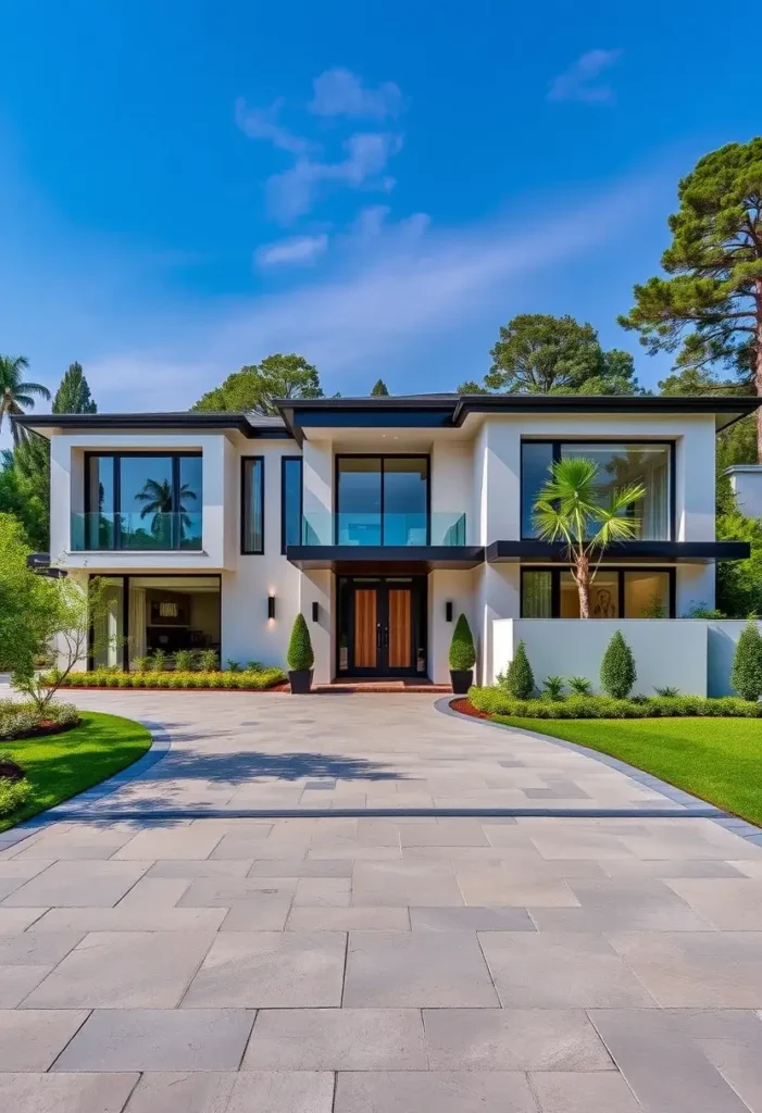 Modern house exterior with black accents, glass doors, symmetrical design, and lush landscaping.