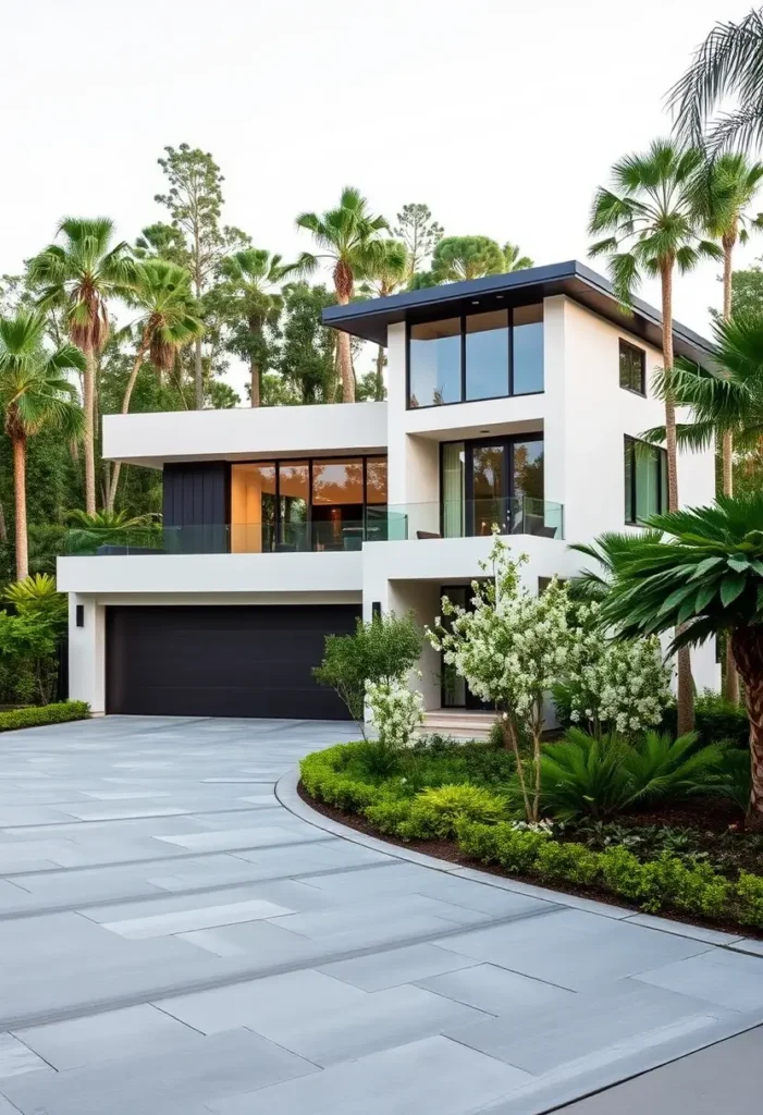 Modern tropical house exterior with white walls, black-framed windows, balcony, and lush palm trees.