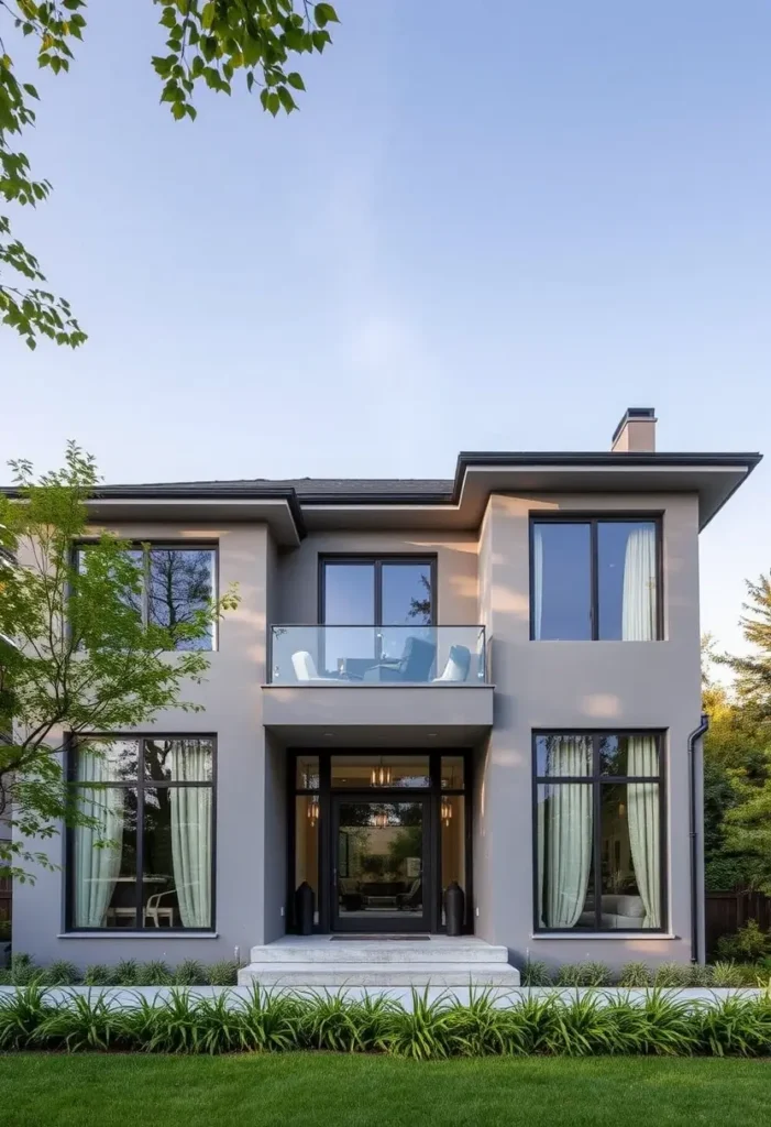 Modern gray house exterior with black-framed windows, glass balcony, and manicured greenery.