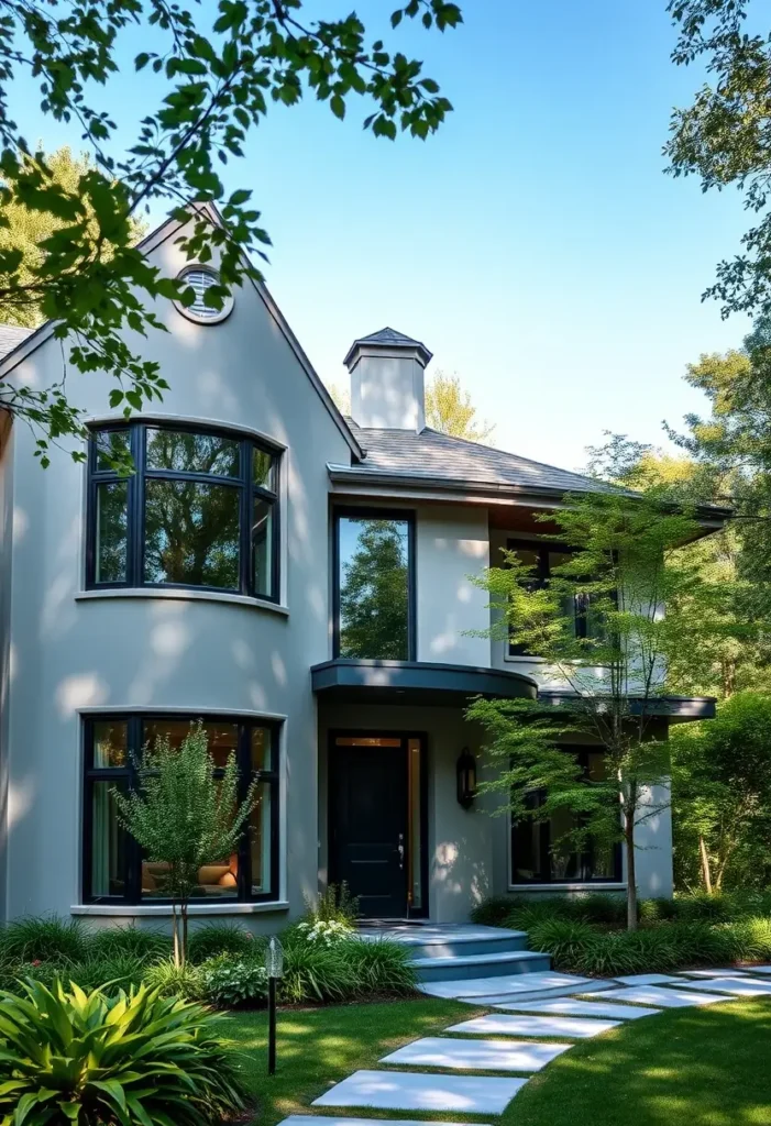 Modern Tudor-inspired house with curved windows, gray facade, and a landscaped pathway.