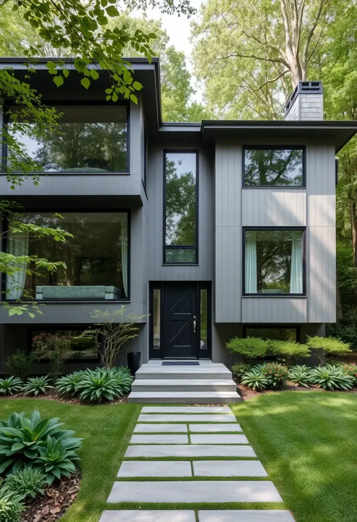 Modern house exterior with vertical cladding, large windows, and geometric stone pathway surrounded by greenery.