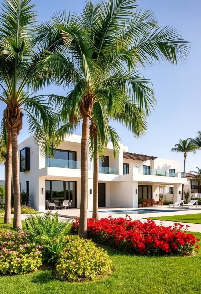 Modern white coastal house with glass balconies, palm trees, and vibrant landscaping.