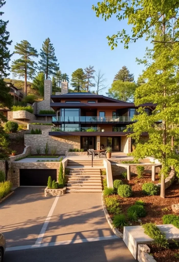 Modern hillside house with natural stone, wood accents, terraces, and landscaped stairs.