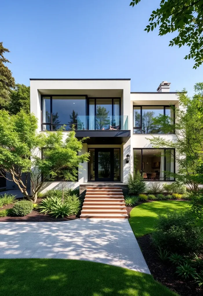 Modern house exterior with white walls, black-framed windows, glass balcony, and wooden staircase surrounded by greenery.